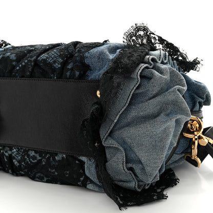 Dolce & Gabbana Denim Lace Calfskin Ruffled Miss Rouche Satchel Blue Black 9 of 9