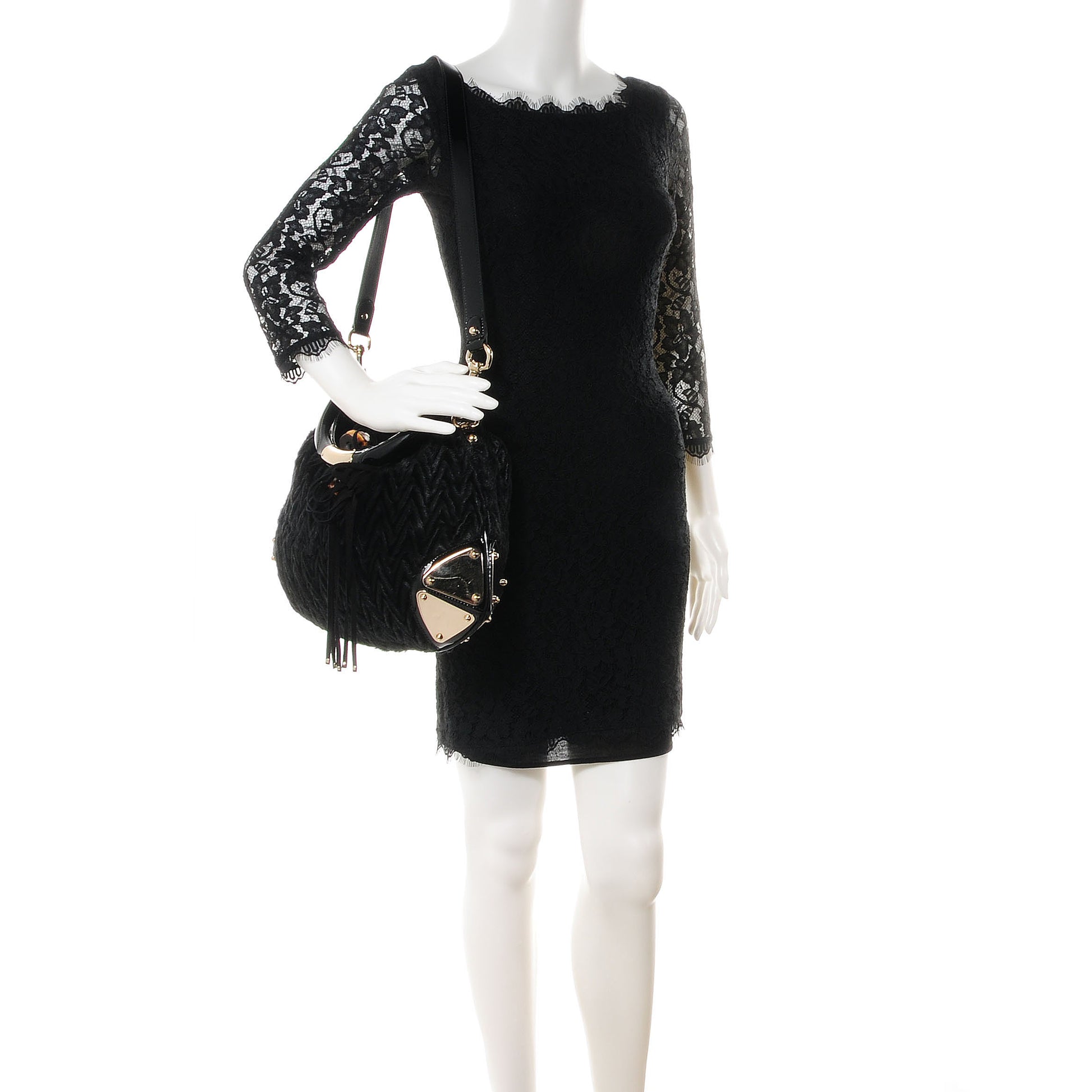 Gucci Patent Chevron Fur Medium Indy Hobo Black 2 of 7