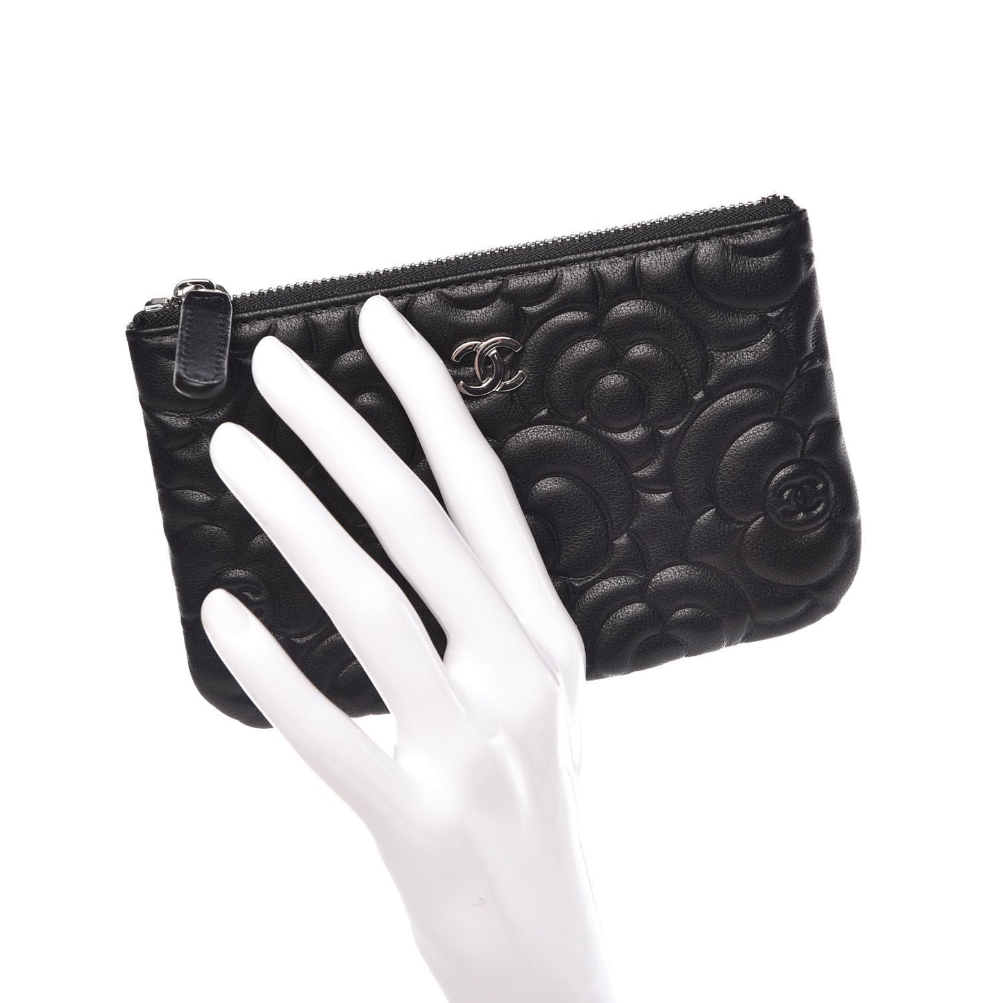 Goatskin Camellia Embossed Cosmetic Pouch Black