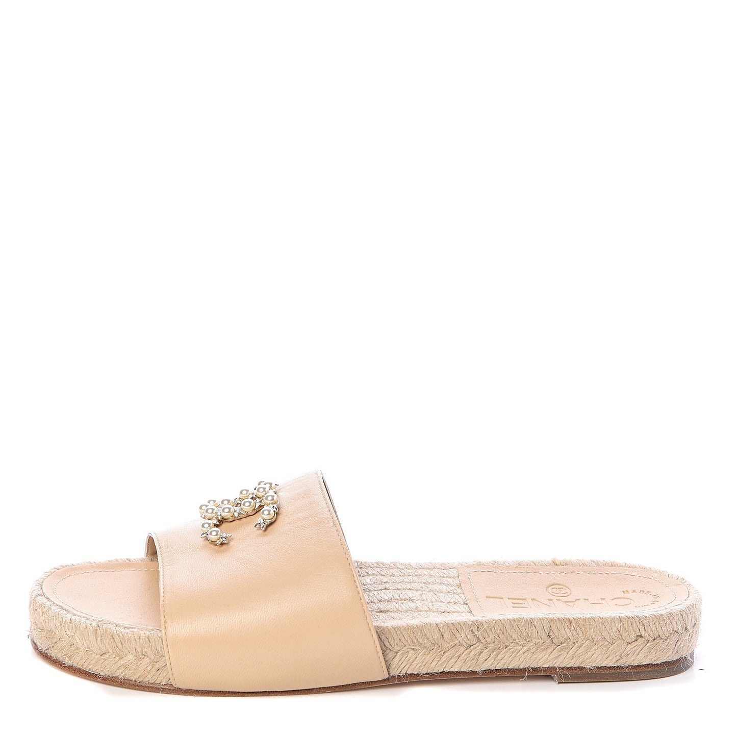 Lambskin Pearl CC Espadrille Slip On Sandals 37 Beige