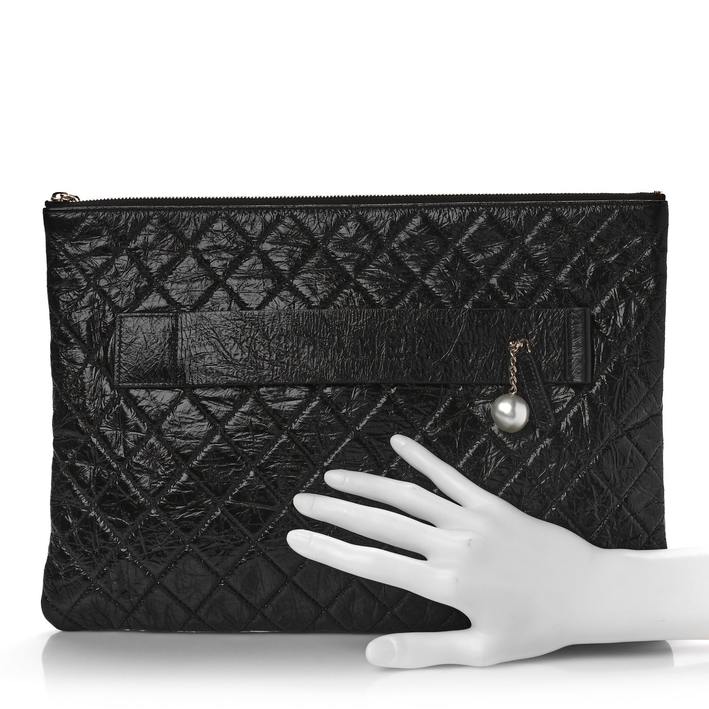 Shiny Crumpled Calfskin Quilted Medium Night by the C Pouch Clutch Black