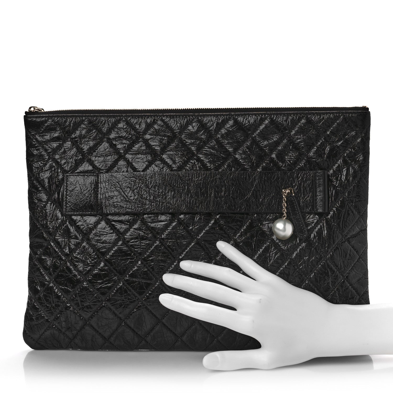 Chanel Shiny Crumpled Calfskin Quilted Medium Night by the C Pouch Clutch Black 2 of 10