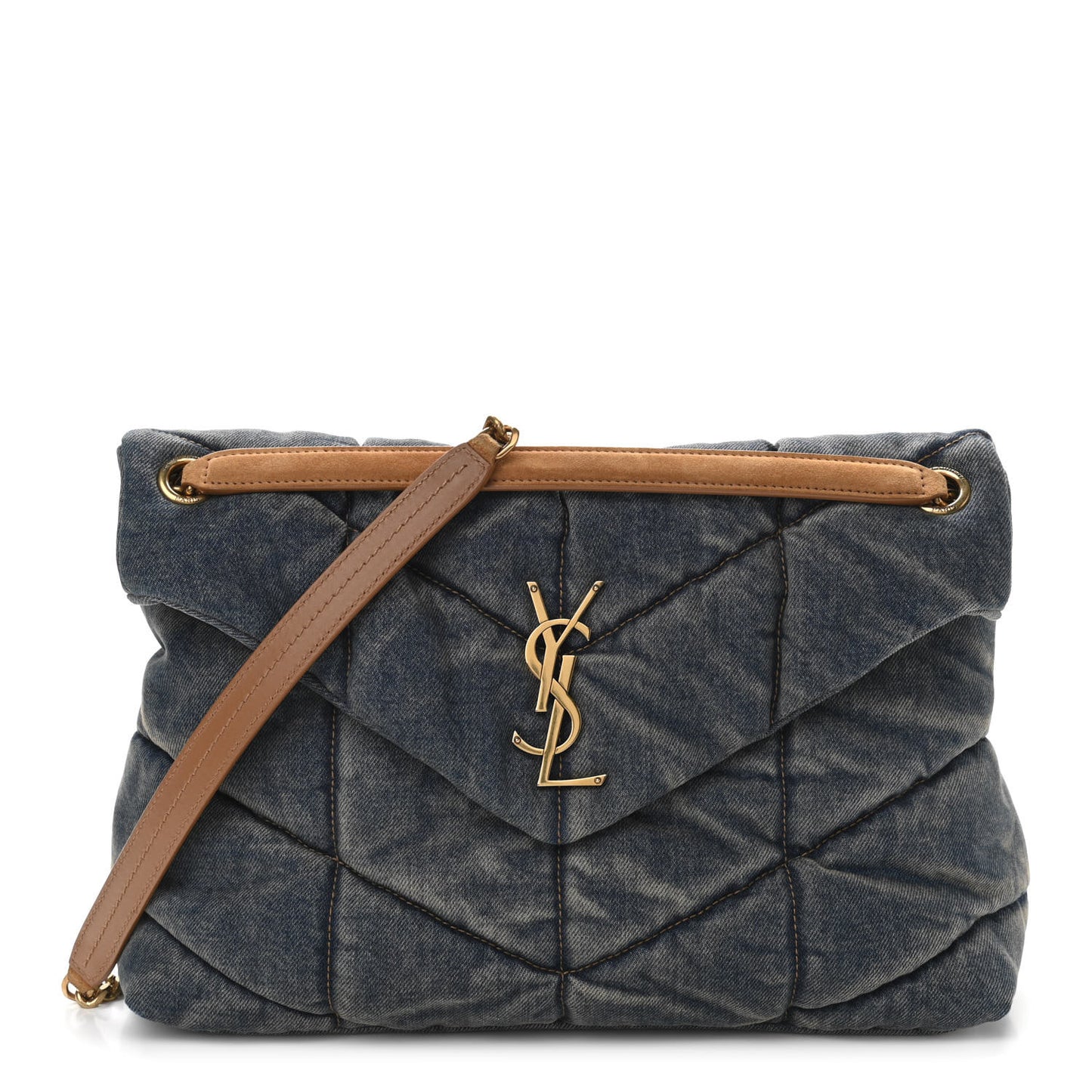 Denim Quilted Medium Loulou Puffer Monogram Chain Satchel Blue Cinnamon