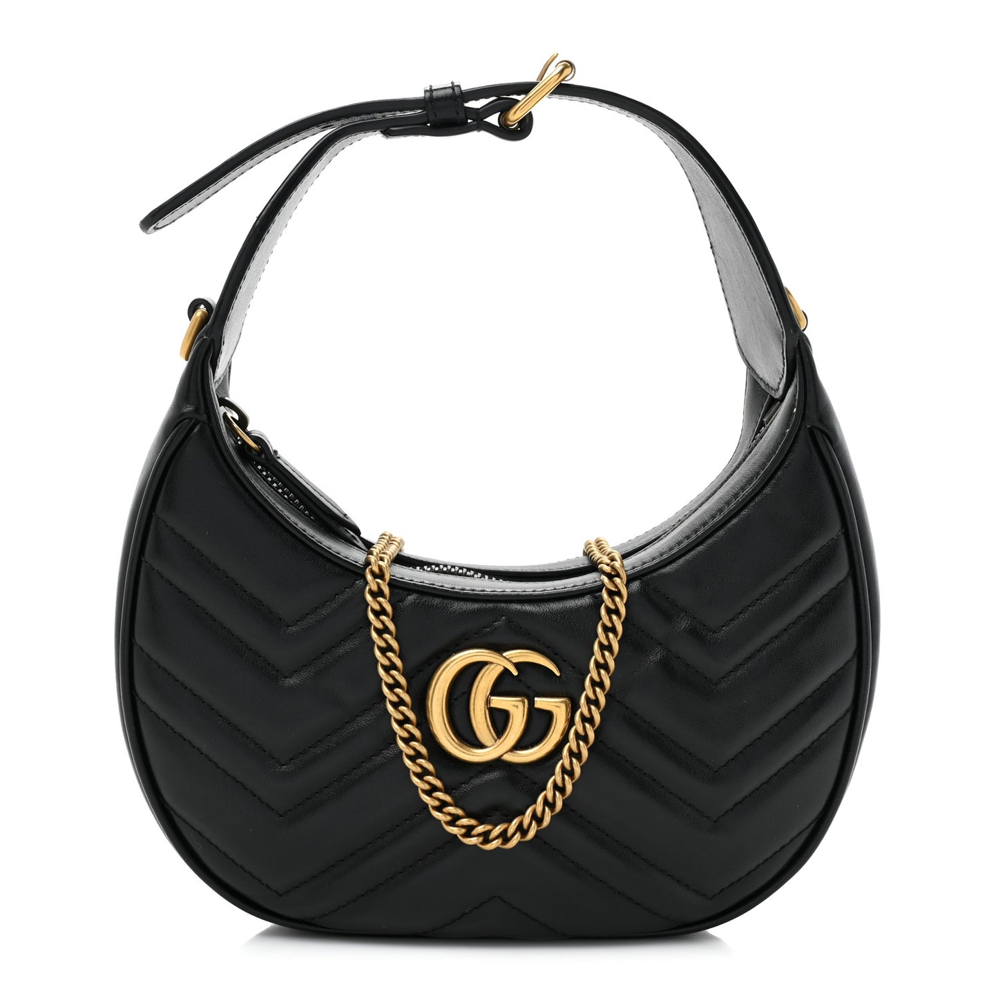 Calfskin Matelasse Chevron Mini GG Marmont Half Moon Hobo Black
