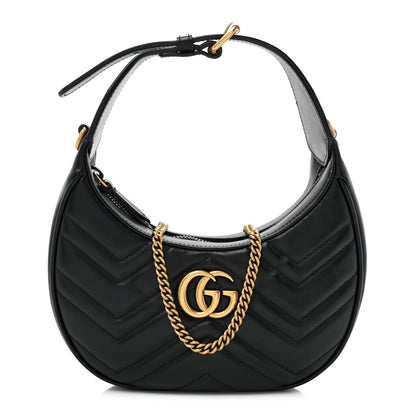 Gucci Calfskin Matelasse Chevron Mini GG Marmont Half Moon Hobo Black 1 of 9
