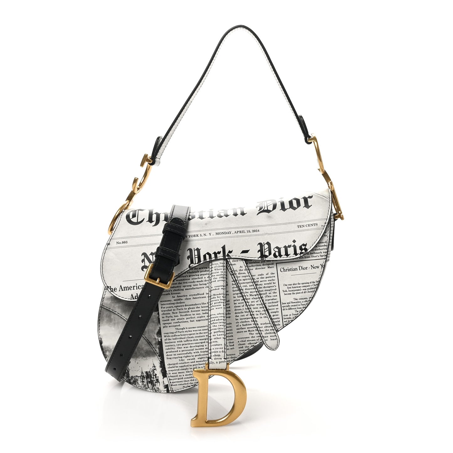 Calfskin Newspaper Printed Saddle Bag With Strap Black White
