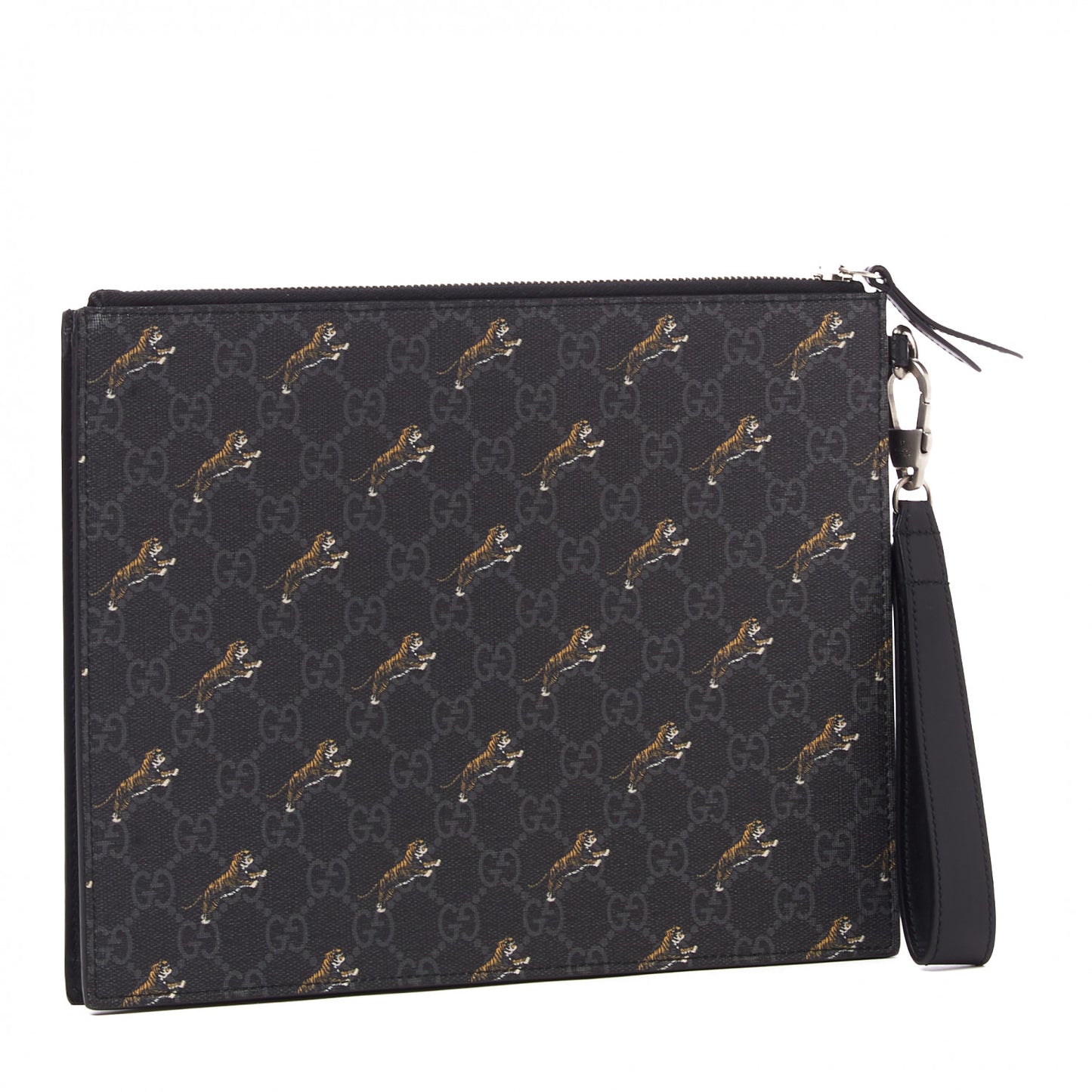 GG Supreme Monogram Tigers Zip Wristlet Pouch Black