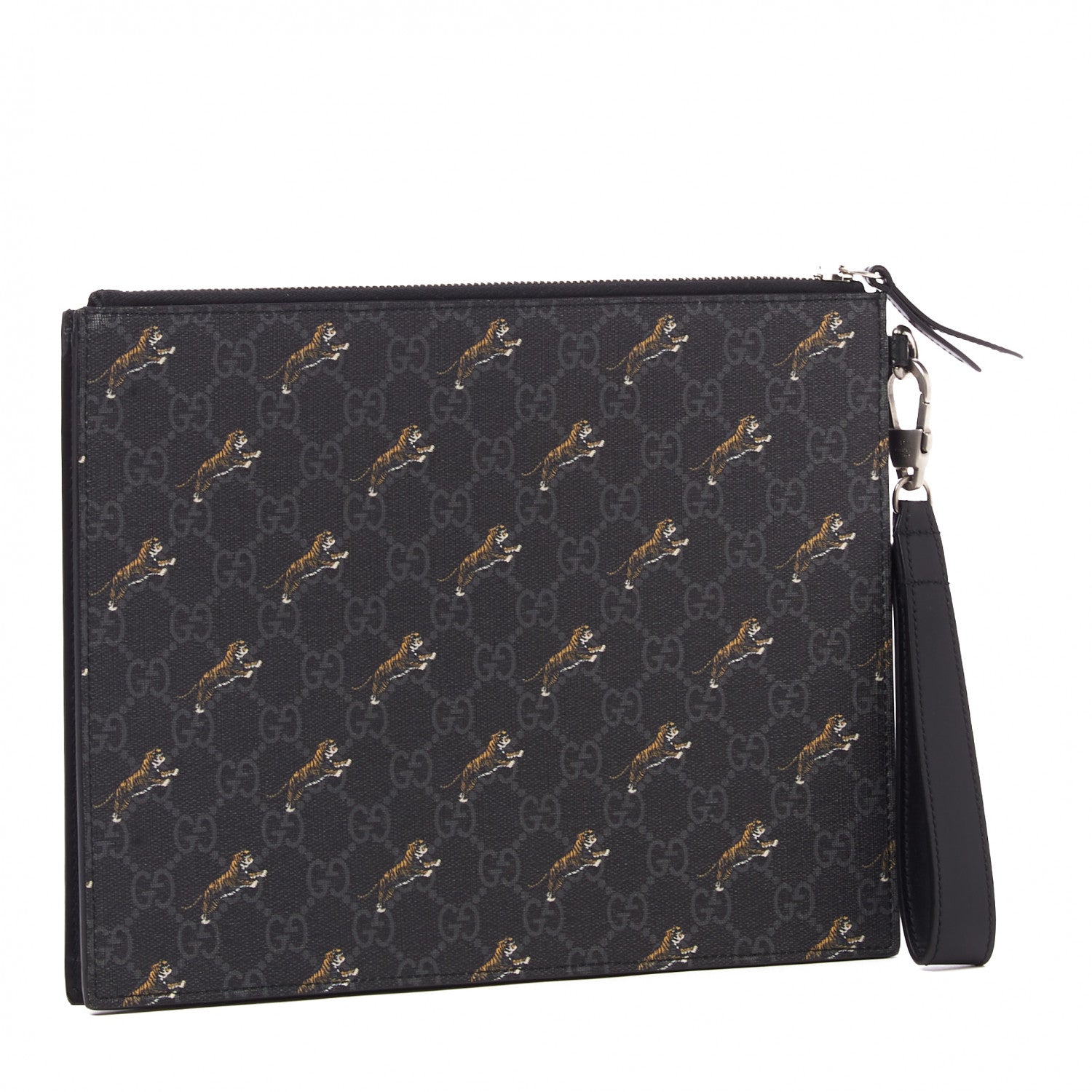 Gucci GG Supreme Monogram Tigers Zip Wristlet Pouch Black 2 of 8