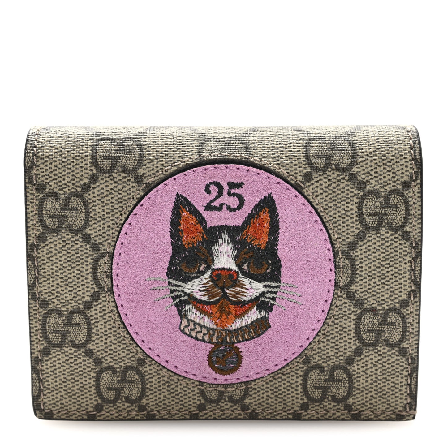 GG Supreme Monogram Bosco Patch Card Case Wallet Beige Malva Hibiscus Red