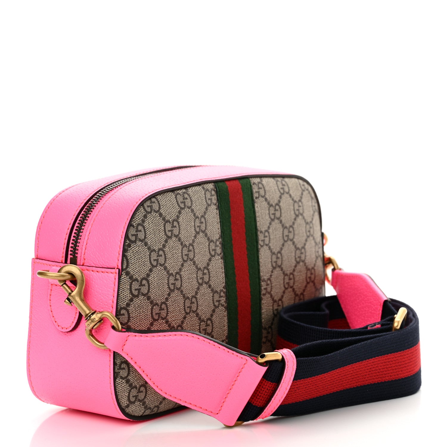 Gucci GG Supreme Monogram Textured Dollar Calfskin Web Ophidia Small Crossbody Bag Beige Ebony Fuchsia 3 of 10
