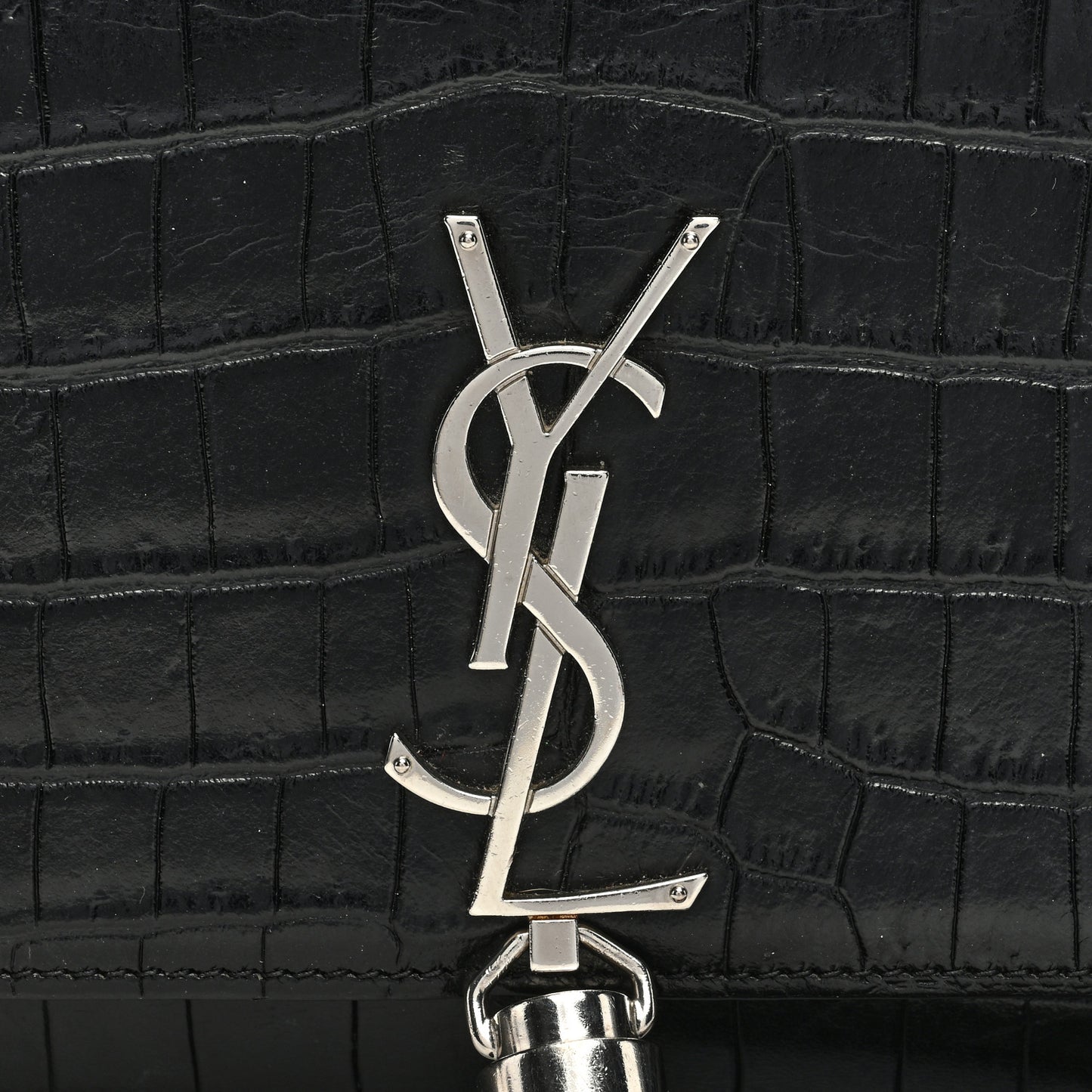 Calfskin Crocodile Embossed Kate Monogram Tassel Chain Wallet Black