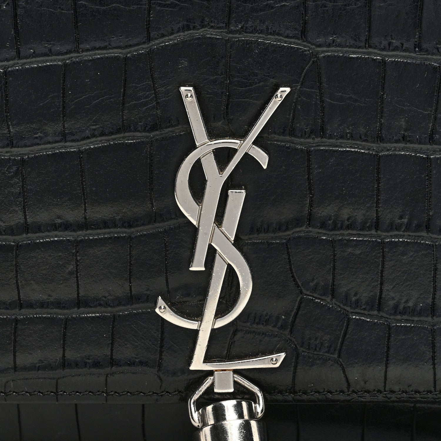 Saint Laurent Calfskin Crocodile Embossed Kate Monogram Tassel Chain Wallet Black 7 of 10