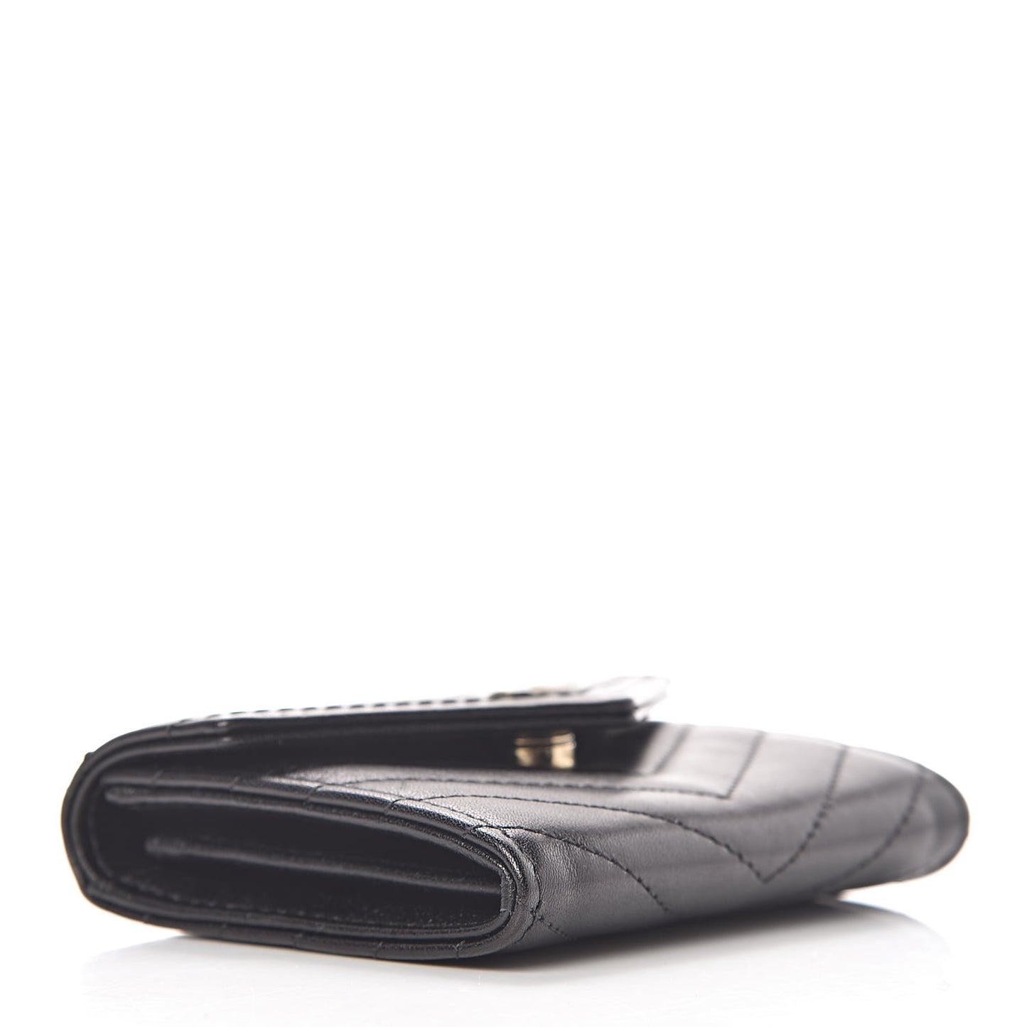 Calfskin Chevron Quilted Compact Flap Wallet Black