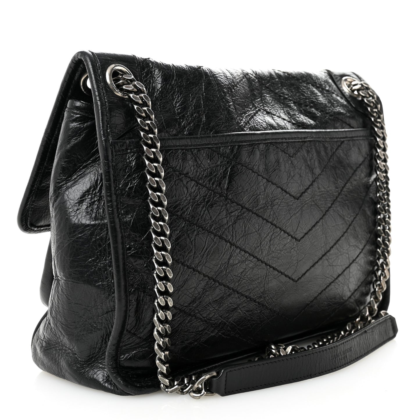 Crinkled Calfskin Matelasse Monogram Medium Niki Chain Satchel Black