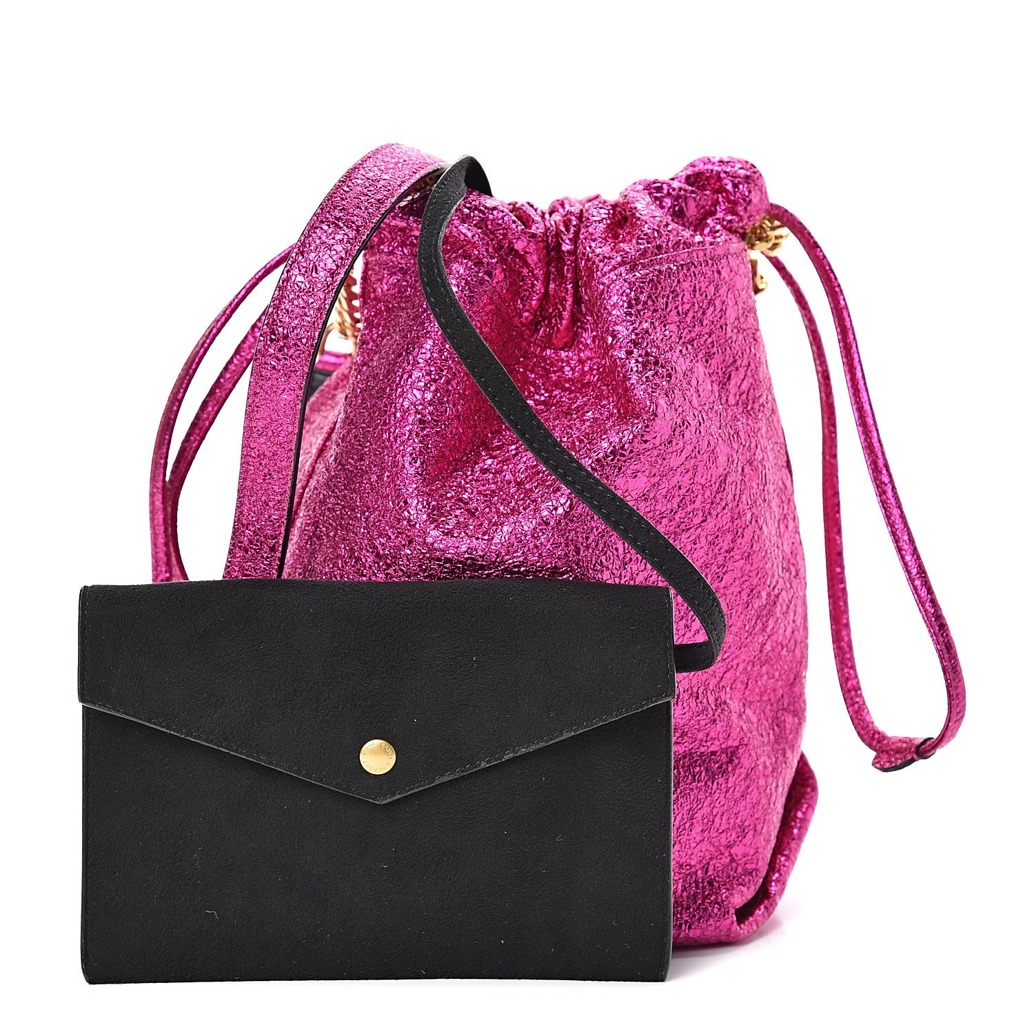 Saint Laurent Metallic Crackled Calfskin Teddy Drawstring Bag Fuchsia Black 1 of 11