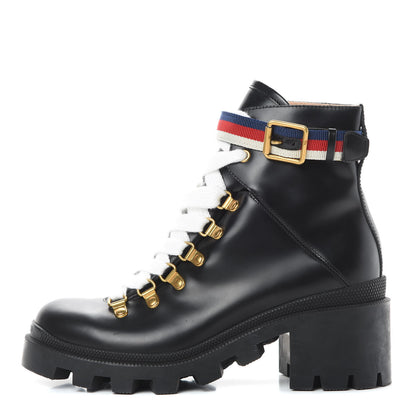 Gucci Calfskin Sylvie Web Lace Up Combat Boots 36 Black 1 of 11