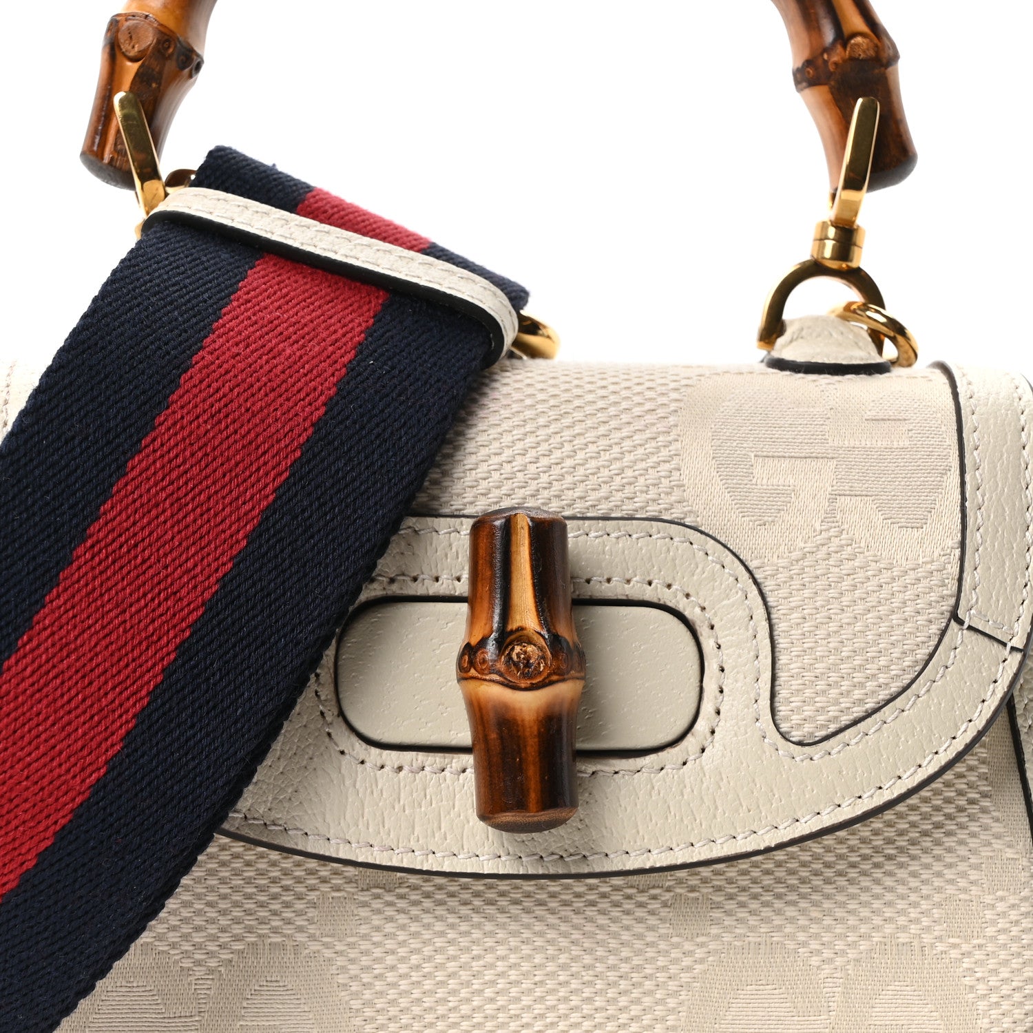 Gucci Monogram Jumbo GG Textured Dollar Calfskin Web Small Bamboo 1947 Top Handle Bag Off White 8 of 10
