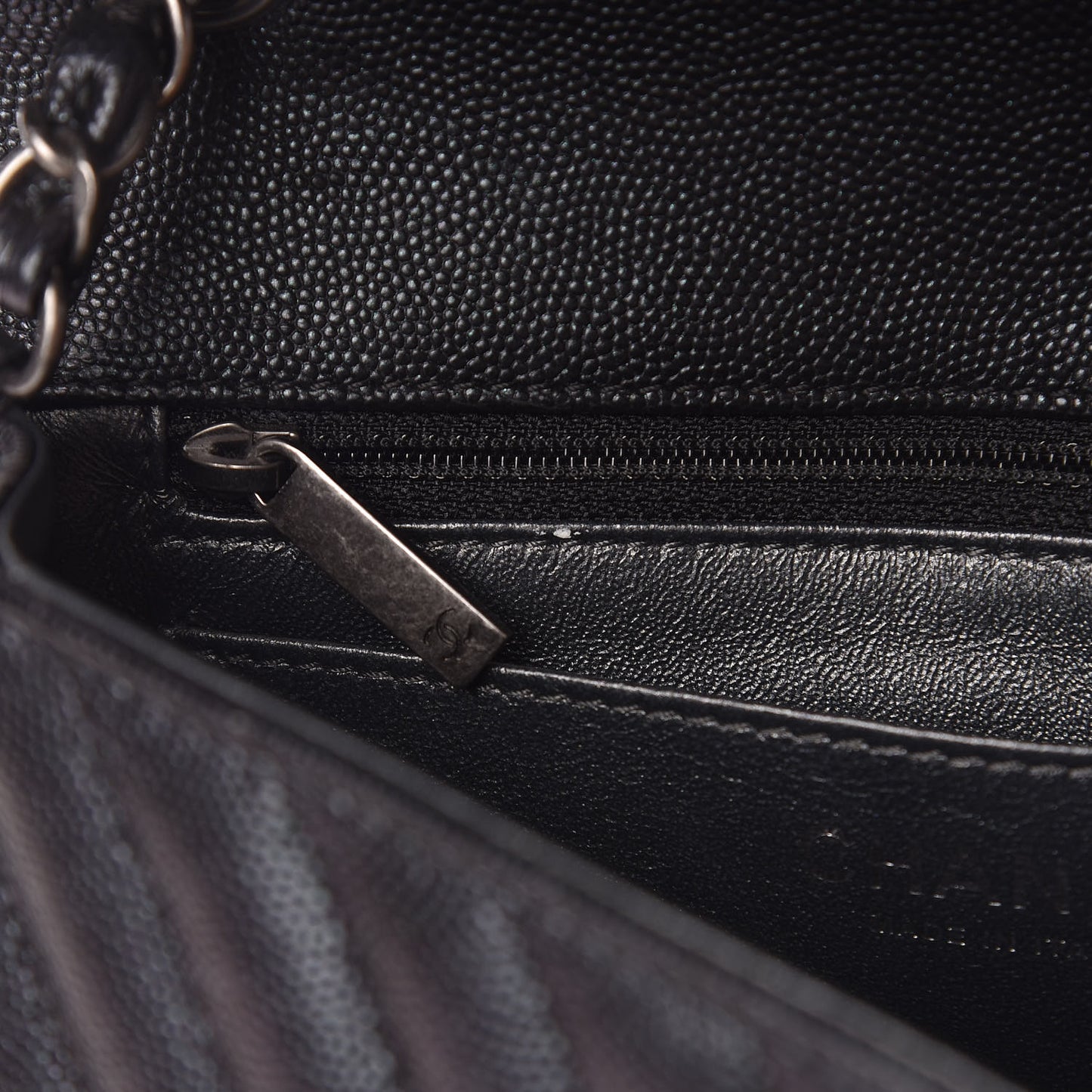 Iridescent Caviar Chevron Quilted Mini Rectangular Flap Black