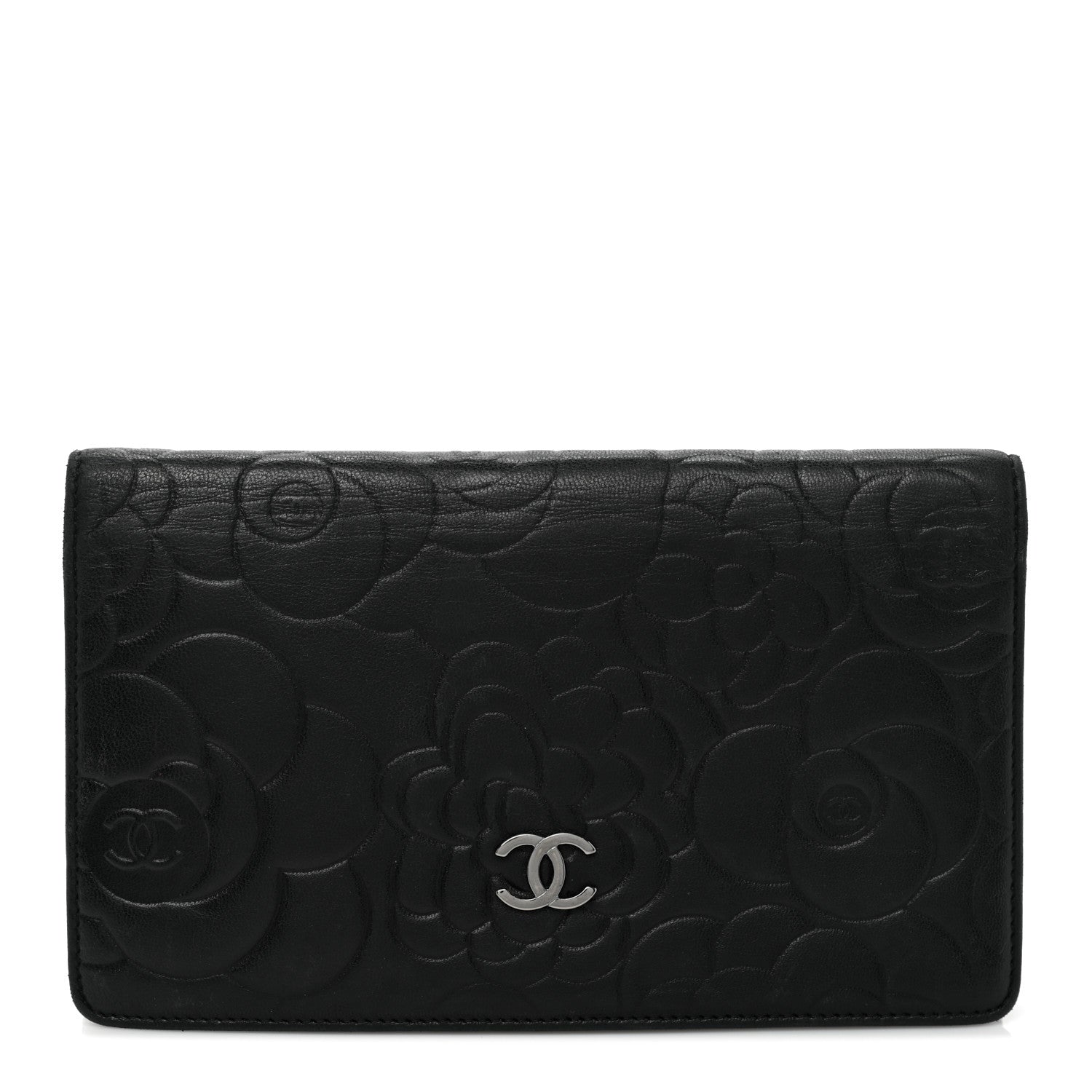Chanel Lambskin Camellia Embossed Yen Wallet Black 1 of 9
