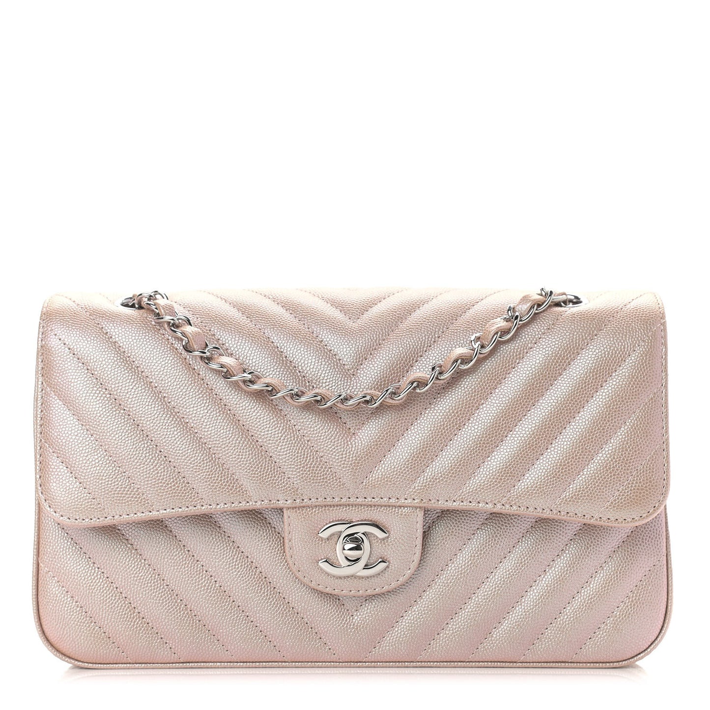 Metallic Caviar Chevron Quilted Medium Double Flap Light Gold