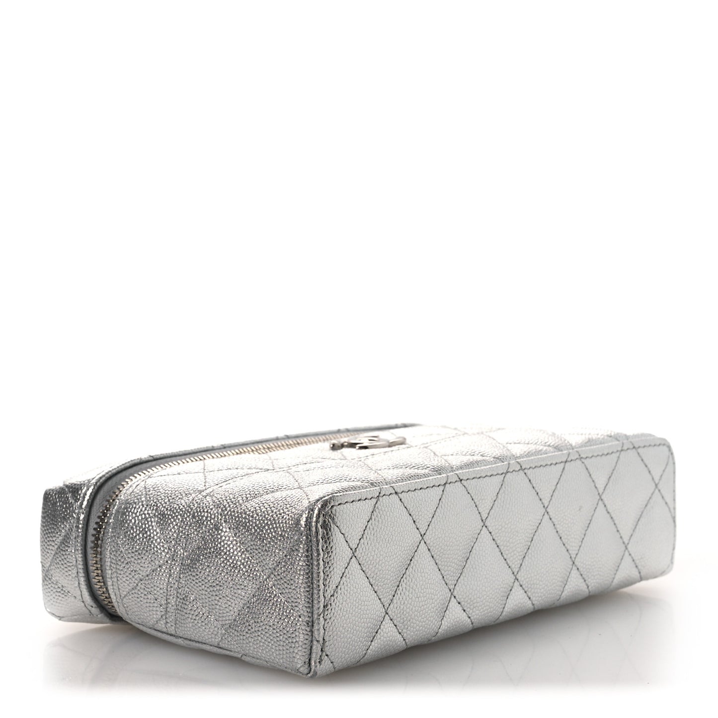 Metallic Caviar Quilted Trendy Handle Slim Vanity Silver