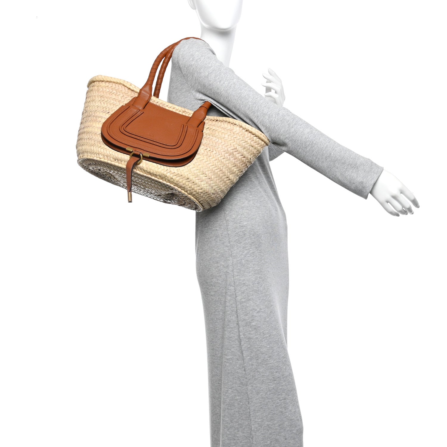 Chloe Raffia Small Grain Calfskin Medium Marcie Basket Tan 2 of 13