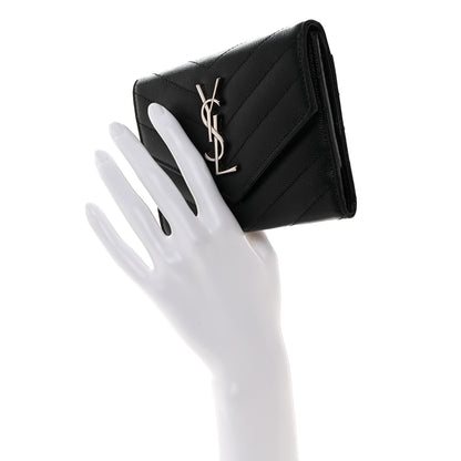 Saint Laurent Grain De Poudre Matelasse Chevron Small Monogram Passport Case Black 2 of 8