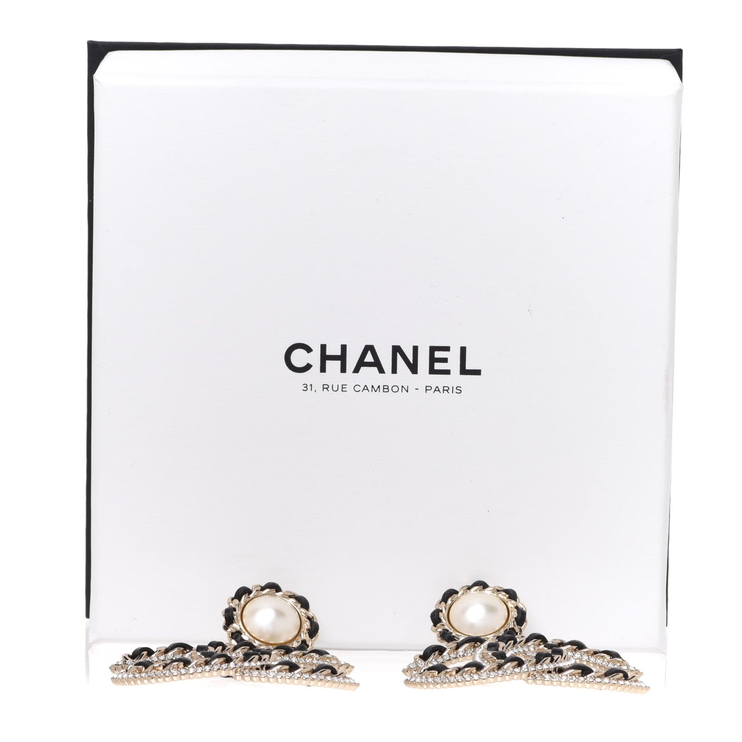 Pearl Lambskin Crystal Chain CC Drop Earrings Black Gold
