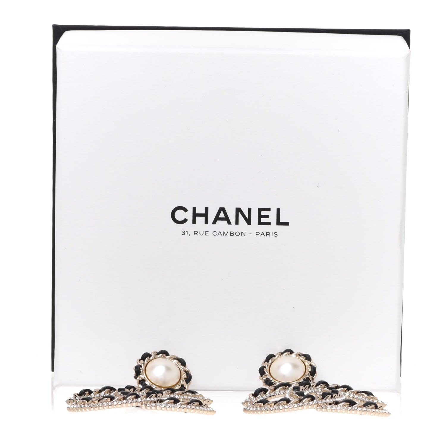 Chanel Pearl Lambskin Crystal Chain CC Drop Earrings Black Gold 5 of 5