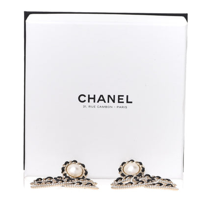 Chanel Pearl Lambskin Crystal Chain CC Drop Earrings Black Gold 5 of 5