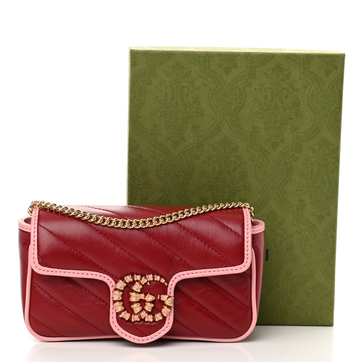 Azalea Calfskin Enamel Matelasse Diagonal Super Mini Torchon GG Marmont Shoulder Bag New Cherry Red Wild Rose
