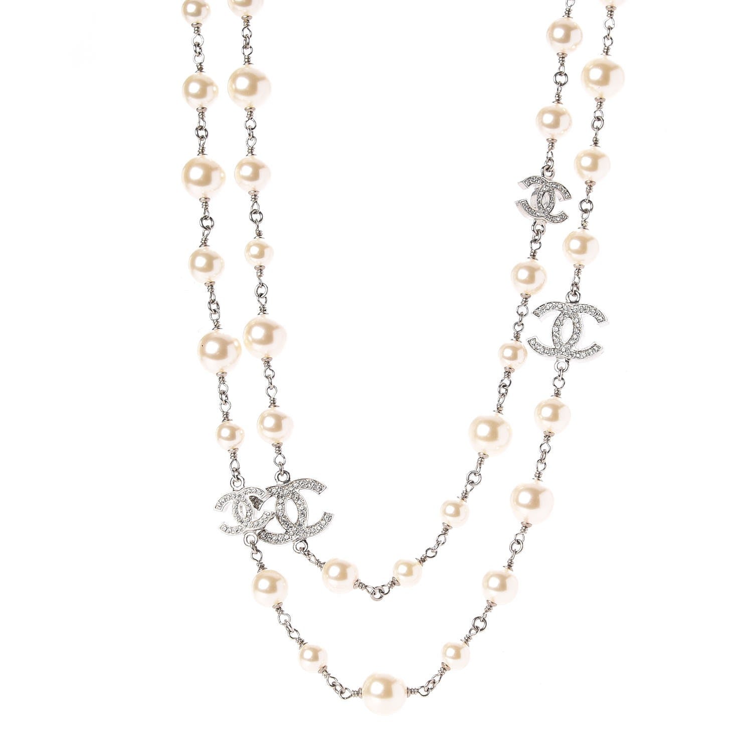Chanel Graduated Pearl Crystal CC Long Necklace Silver 1 of 6