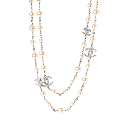 Chanel Graduated Pearl Crystal CC Long Necklace Silver 1 of 6
