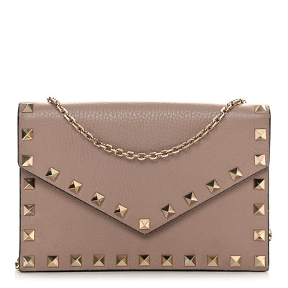 Valentino Garavani Pebbled Calfskin Rockstud Envelope Wallet on Chain Poudre 1 of 13