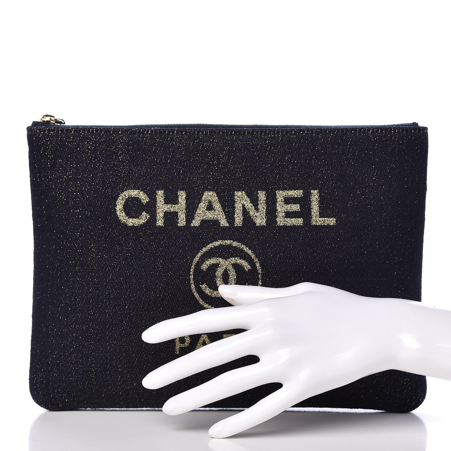 Chanel Lurex Canvas Medium Deauville Cosmetic Pouch Navy Blue Gold 2 of 7