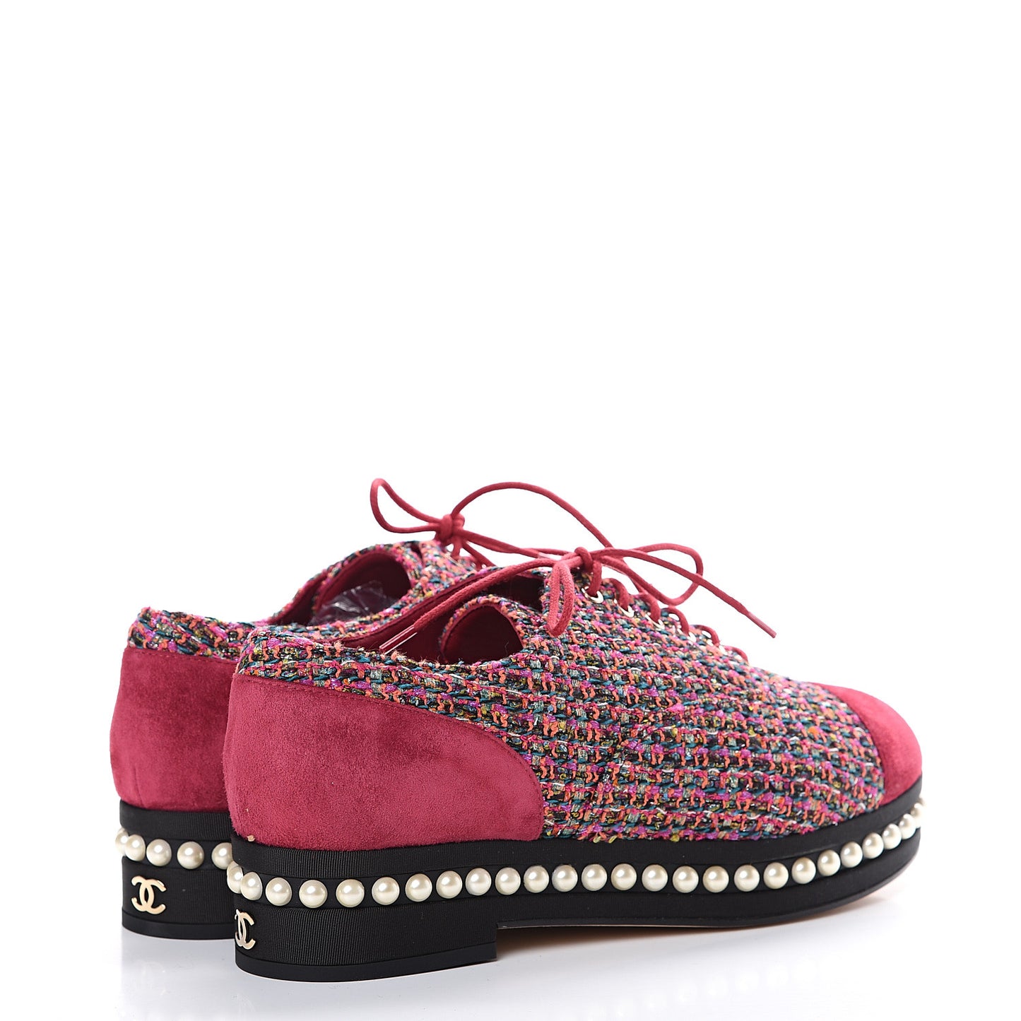 Tweed Calfskin Pearl Lace Up Sneakers 38 Fuchsia Orange Green Red
