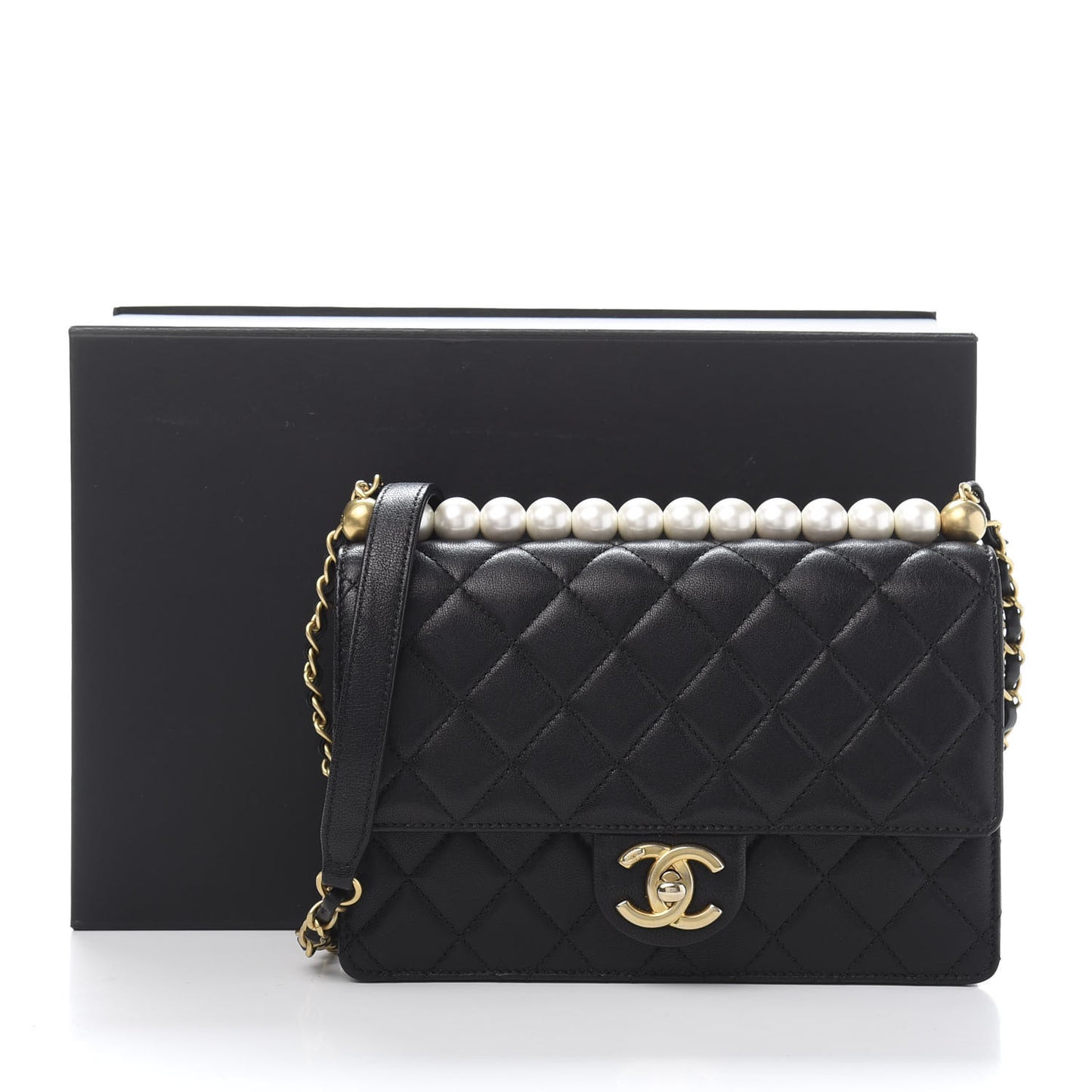 Lambskin Quilted Small Chic Pearls Flap Black