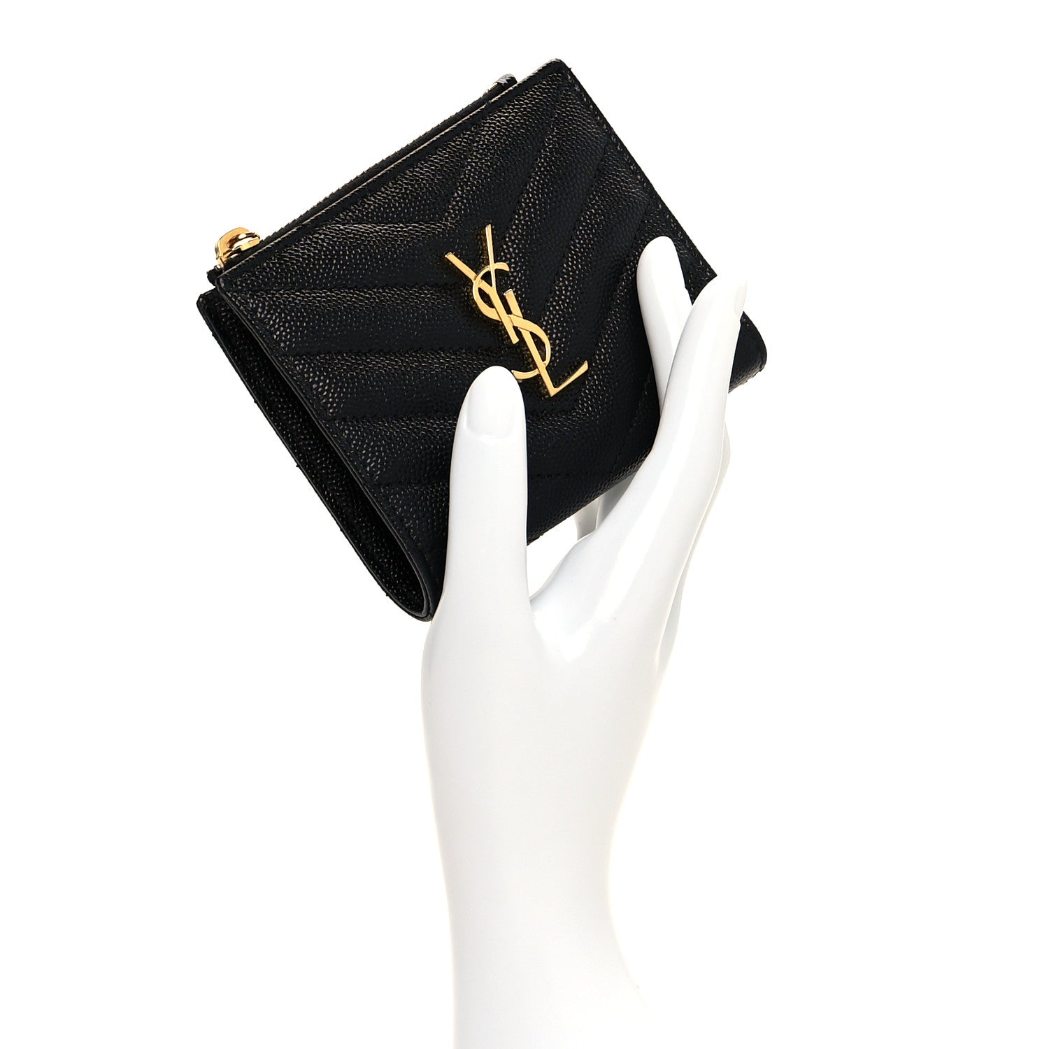 Saint Laurent Grain De Poudre Matelasse Chevron Monogram Zipped Card Case Black 2 of 7