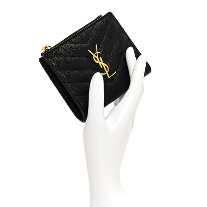 Saint Laurent Grain De Poudre Matelasse Chevron Monogram Zipped Card Case Black 2 of 7