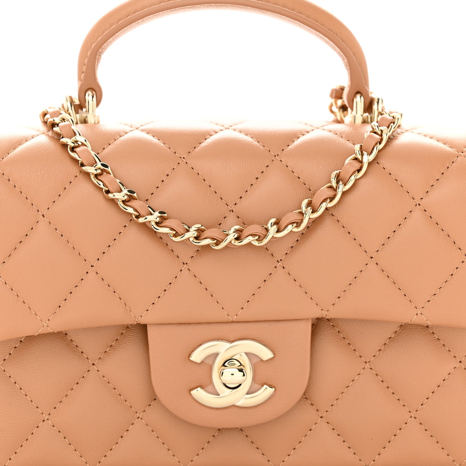 Chanel Lambskin Quilted Mini Top Handle Rectangular Flap Dark Beige 8 of 11