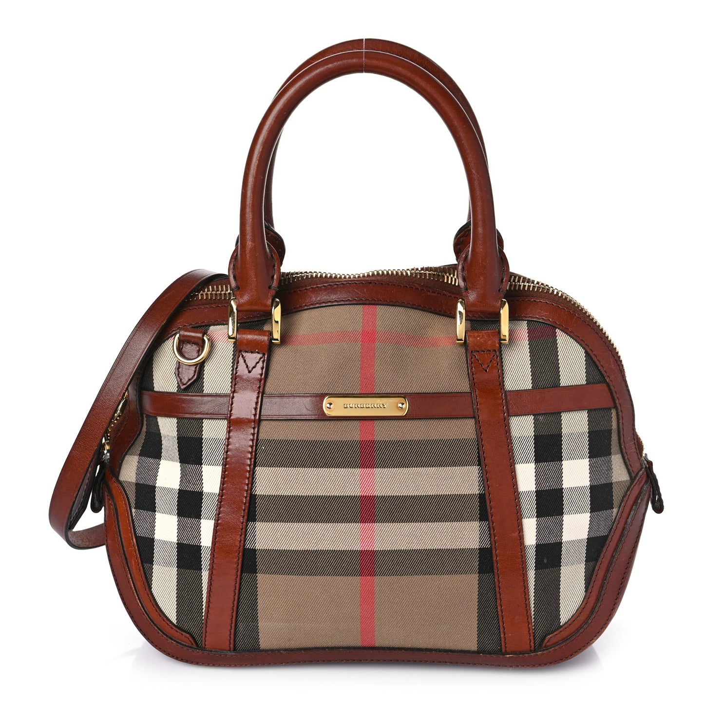 Bridle Calfskin House Check Small Orchard Bowling Bag Dark Tan
