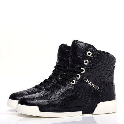 Chanel Calfskin Crocodile Embossed Cocodile High Top Sneakers 38 Black 3 of 10