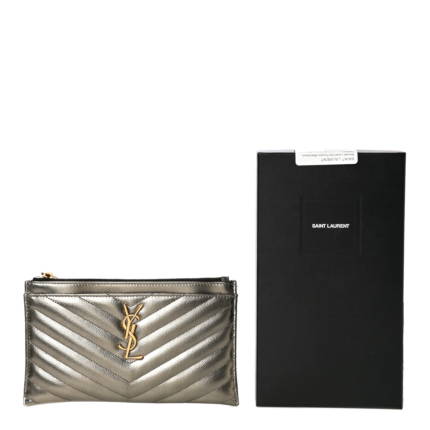 Saint Laurent Metallic Grain De Poudre Matelasse Chevron Monogram Bill Pouch Piombo 17 of 17
