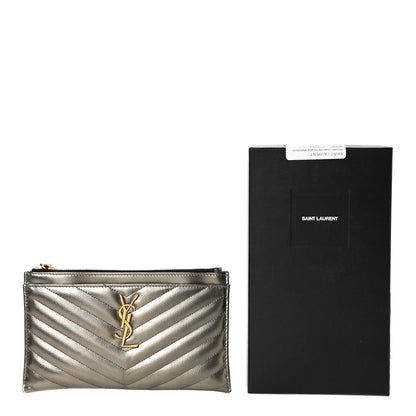 Saint Laurent Metallic Grain De Poudre Matelasse Chevron Monogram Bill Pouch Piombo 17 of 17