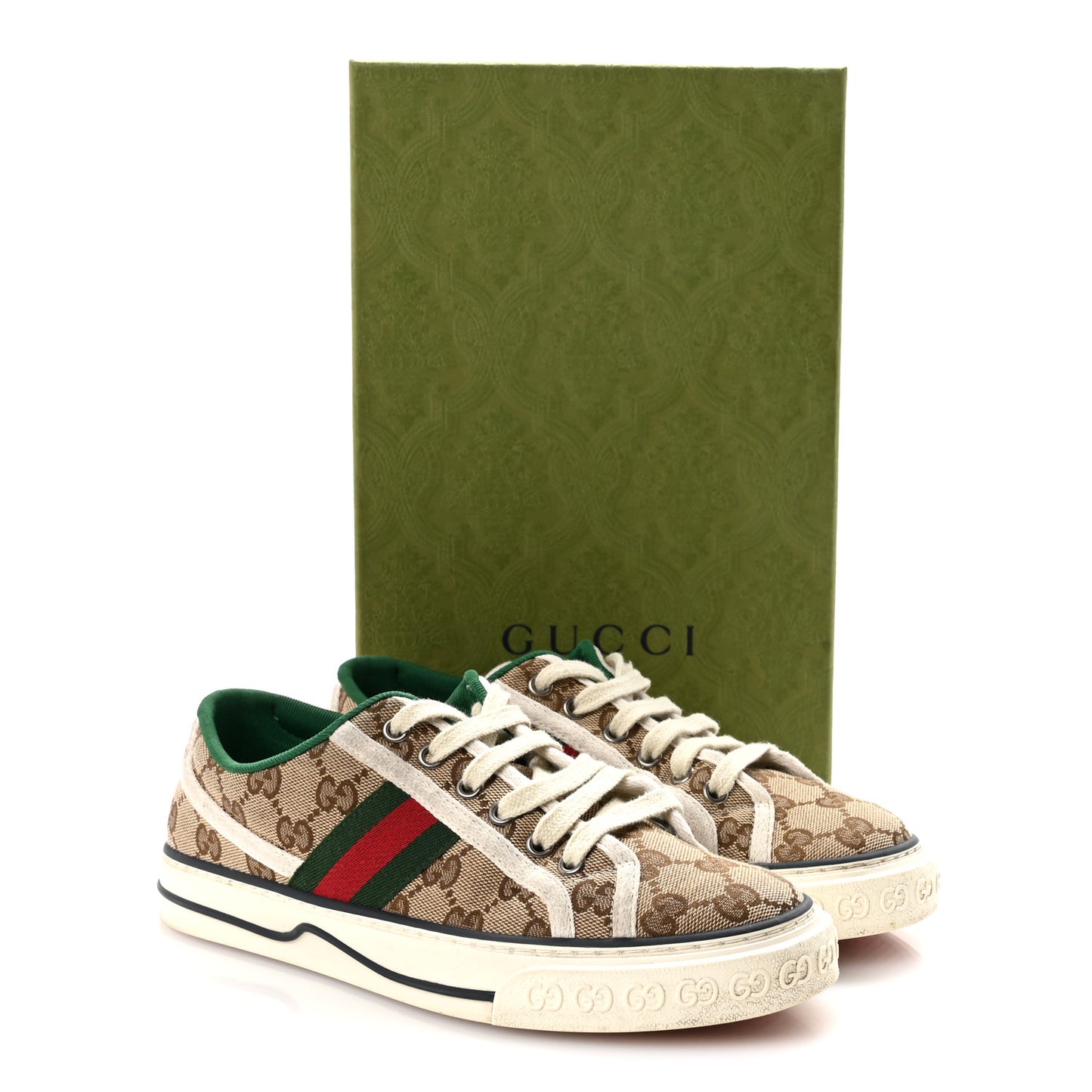 GG Monogram Web Womens 1977 Tennis Sneakers 38 Beige Ebony Mystic White