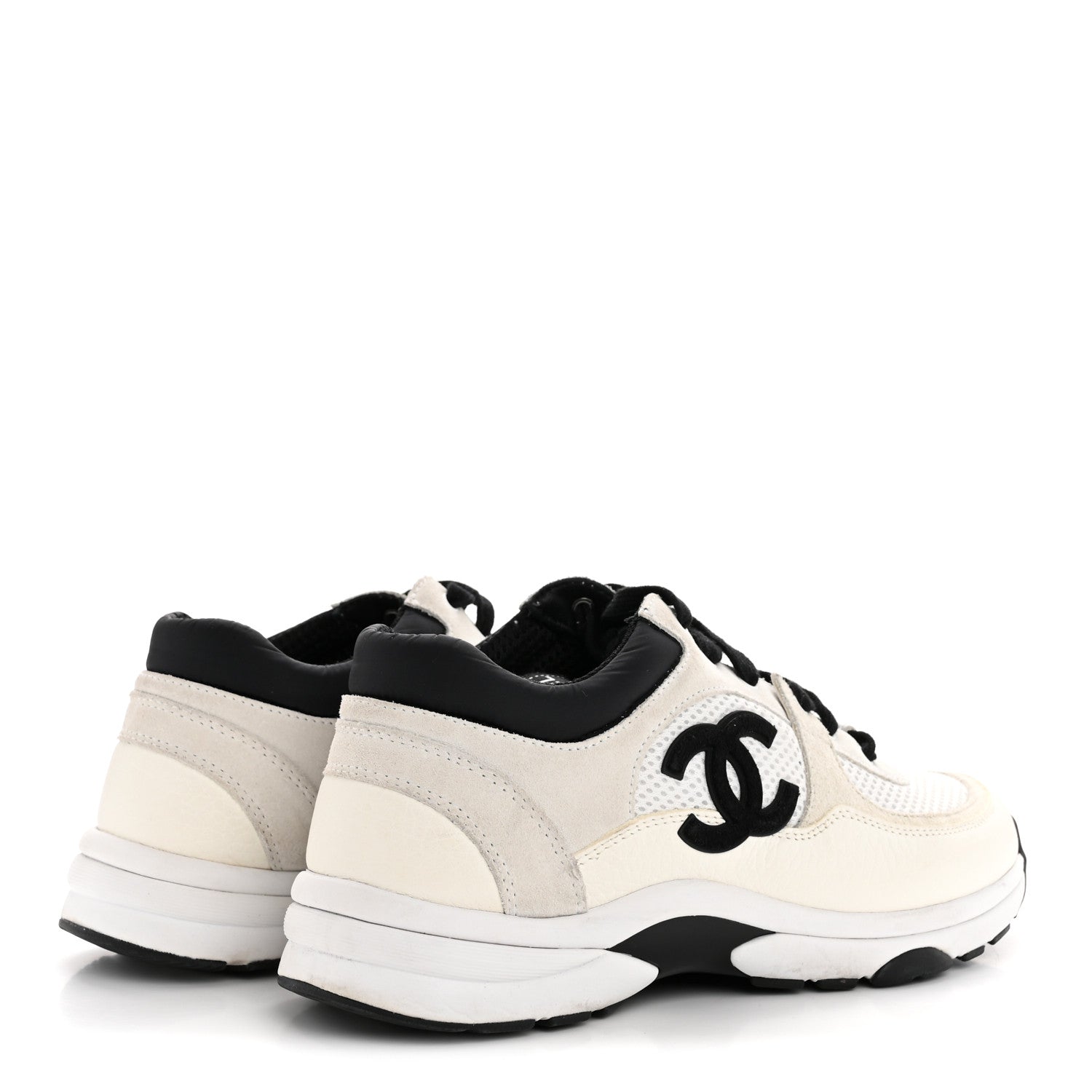 Chanel Mesh Suede Calfskin Grained Calfskin Womens CC Sneakers 38.5 White Black 5 of 10