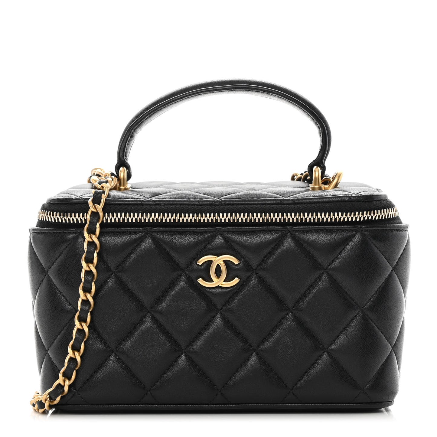 Lambskin Quilted Small Top Handle Vanity Case With Chain Black
