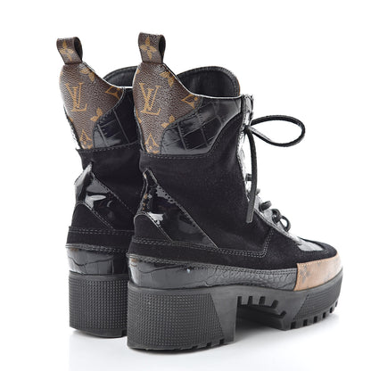 Louis Vuitton Suede Calfskin Reverse Monogram Laureate Platform Desert Boots 37.5 Black 4 of 12