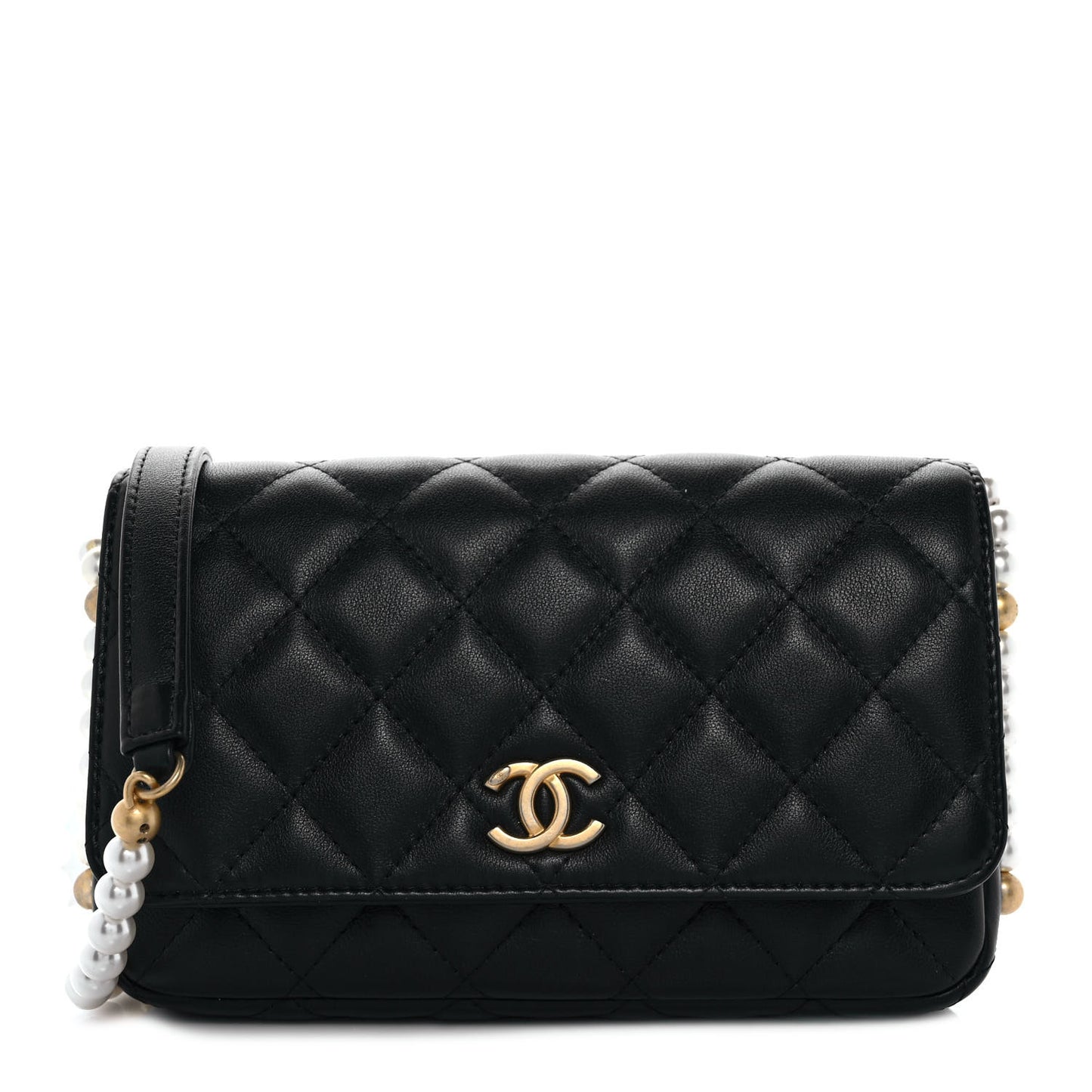 Calfskin Quilted Pearl Wallet On Chain WOC Black