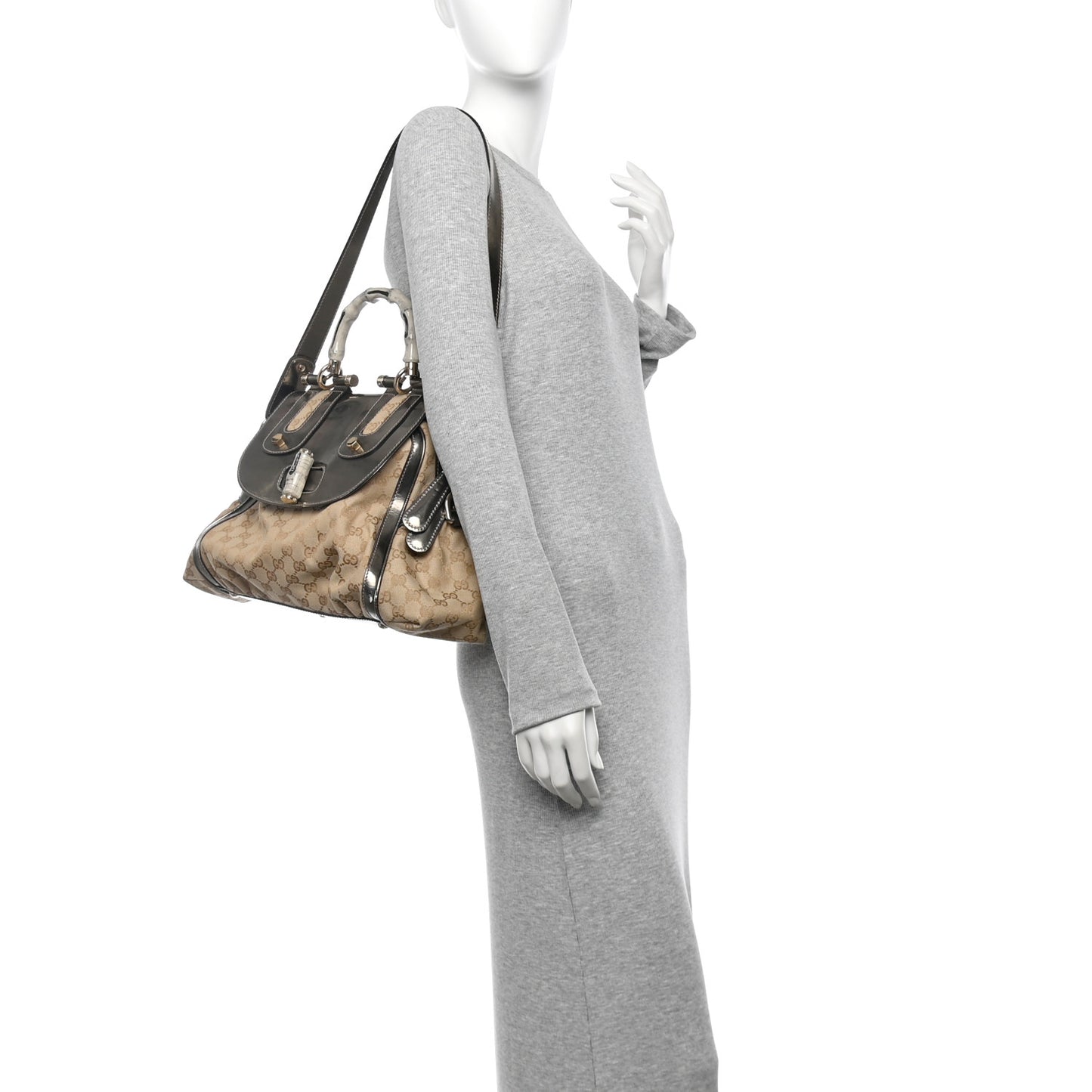 Monogram Large Pop Bamboo Top Handle Tote Pewter